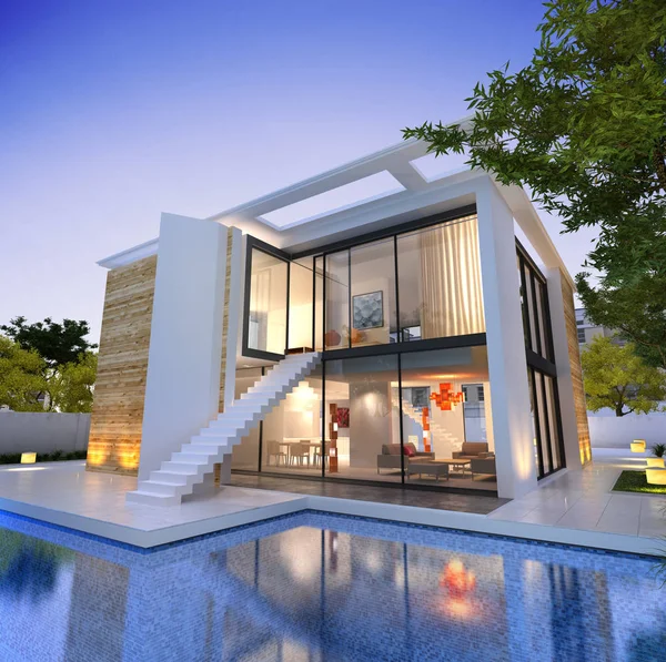 Впечатляющий современный дом с бассейном и лестницей — стоковое фото