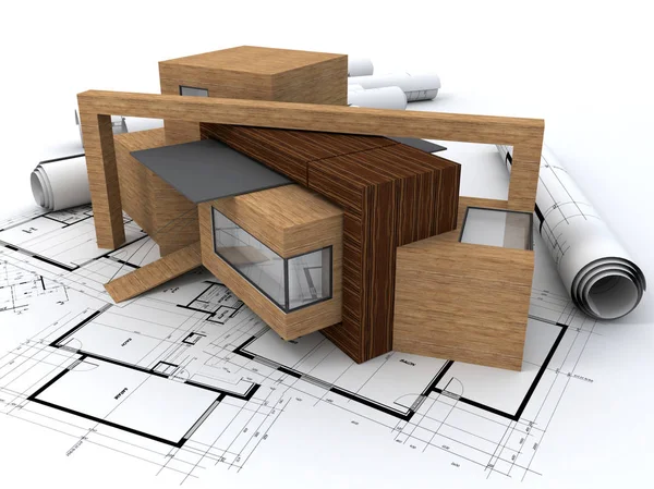 Wooden house on top of blueprints — ストック写真