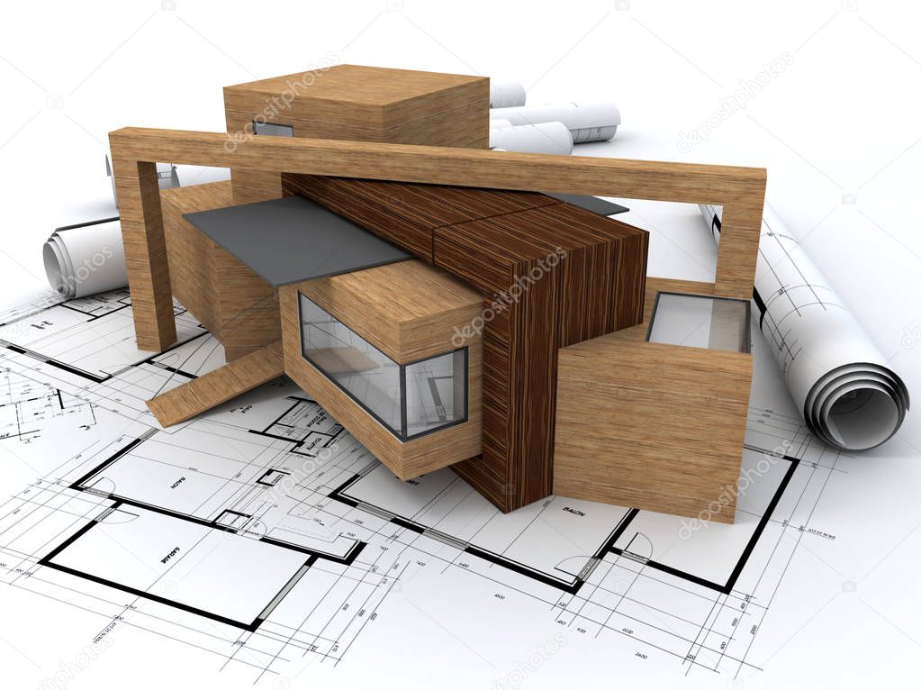 Wooden house on top of blueprints