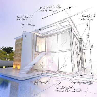 havuz mimarisi proje taslağı ile modern ev