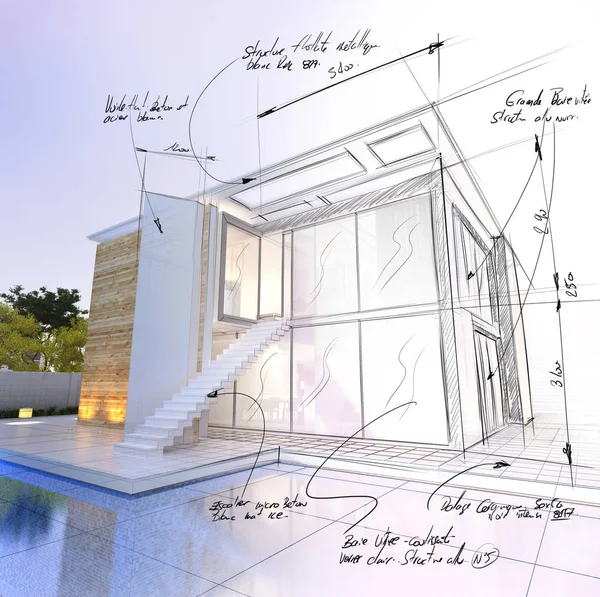 수영장 건축 프로젝트 초안과 현대 주택 — 스톡 사진
