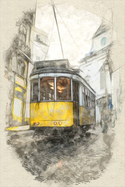 Náčrt žluté tramvajní cesty v Lisabonu — Stock fotografie