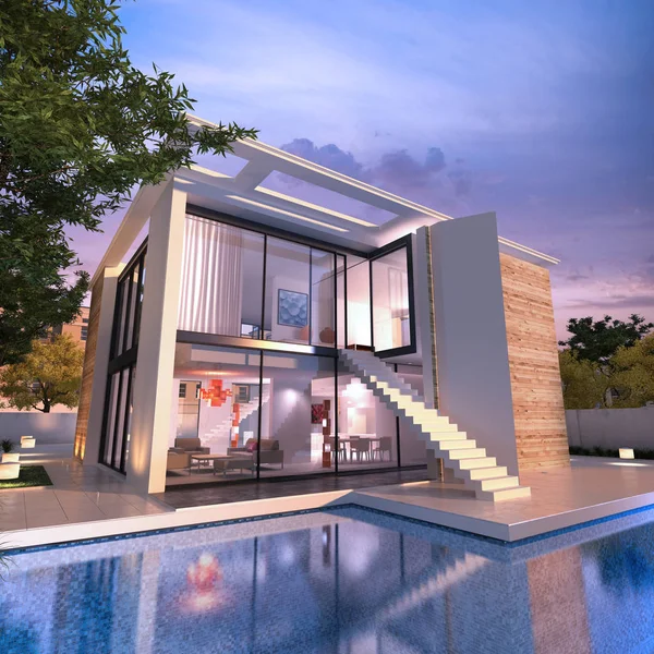 Impresionante casa moderna con piscina y escalera —  Fotos de Stock