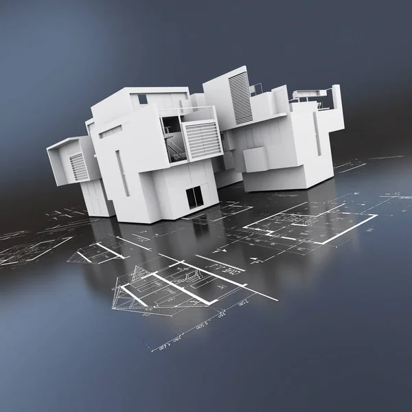 Roofless building on top of blueprints — Stock Photo, Image