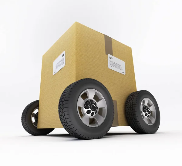 Cardboard box on wheels — Stock Photo, Image