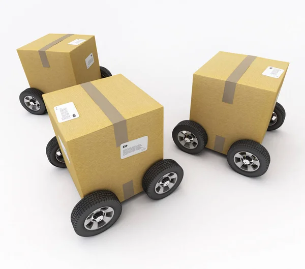 Rendering Group Cardboard Boxes Wheels White Background — Stock Photo, Image