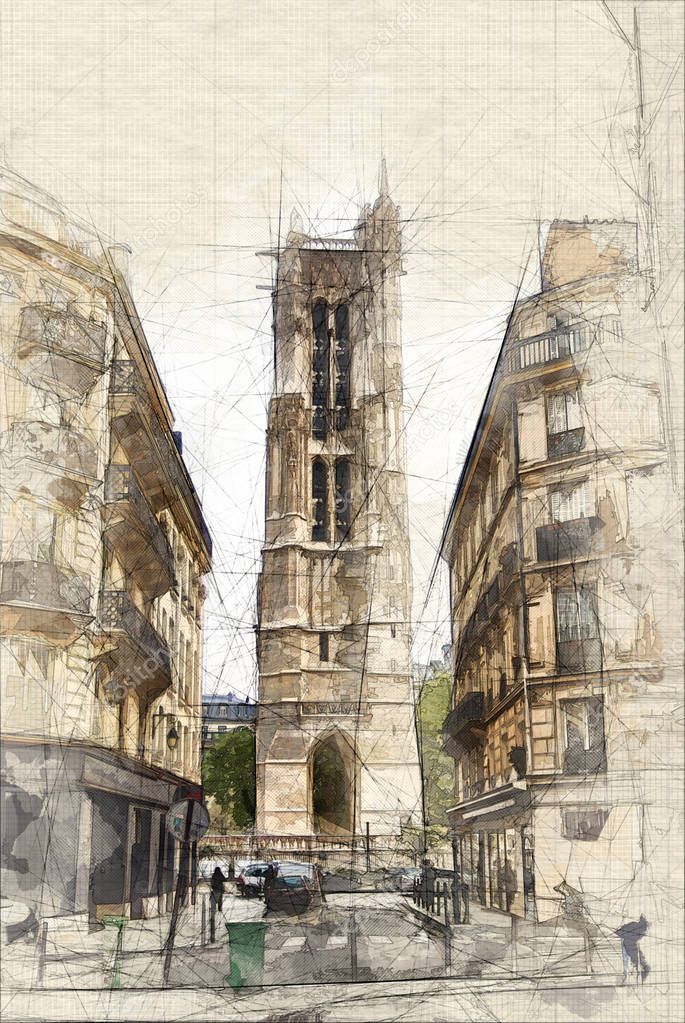 Sketch Tour Saint Jacques in Paris