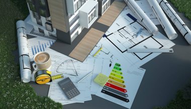 Bir alanda planlar, enerji şemaları ve diğer belgelere sahip bir evin 3D görüntülenmesi