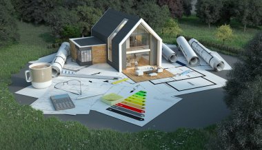 Bir alanda planlar, enerji şemaları ve diğer belgelere sahip bir evin 3D görüntülenmesi