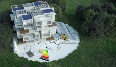 Bir alanda planlar, enerji şemaları ve diğer belgelere sahip bir evin 3D görüntülenmesi