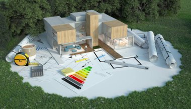 İnşaat alanında planları, enerji şeması ve diğer belgelere sahip bir tasarımcının evinin 3D görüntülenmesi
