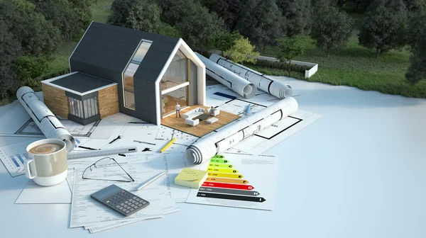 Weergave Van Een Huis Met Blauwdrukken Energiekaarten Andere Documenten Een — Stockfoto