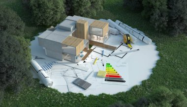 İnşaat alanında planları, enerji şeması ve diğer belgelere sahip bir tasarımcının evinin 3D görüntülenmesi