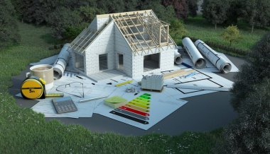 Yapım aşamasındaki bir evin 3D görüntülenmesi, planlar, enerji şemaları ve diğer belgelerle birlikte bir alanda