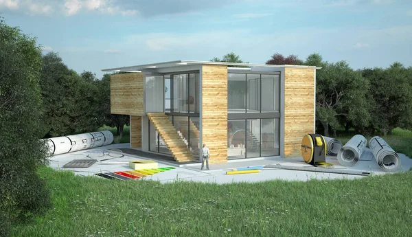 Rendu Une Maison Designers Avec Plans Carte Énergétique Autres Documents — Photo