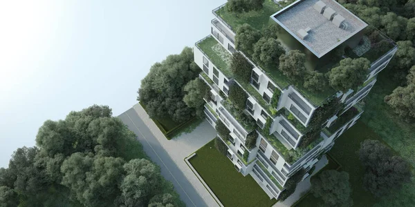 Rendering Van Een Duurzaam Modern Appartementengebouw Met Blauwdrukken — Stockfoto