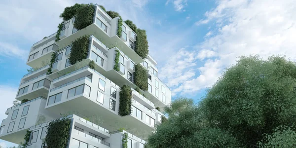 3D rendering of a sustainable modern apartment building  with blueprints