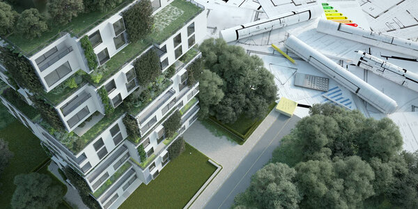 3D rendering of a sustainable modern apartment building  with blueprints