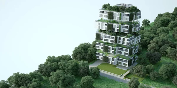 Rendering Eines Nachhaltigen Modernen Mehrfamilienhauses Mit Bauplänen — Stockfoto