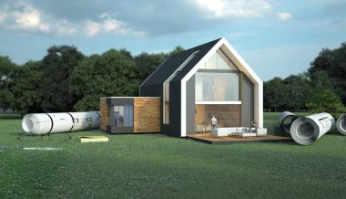 Tarlada planları olan bir evin 3B görüntülemesi