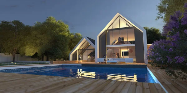 一个带有游泳池的明亮的现代屋顶别墅的三维渲染 — 图库照片