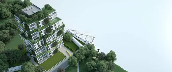 Återgivning Hållbar Modern Lägenhetsbyggnad Med Ritningar — Stockfoto