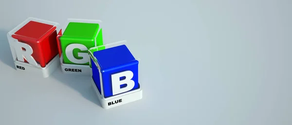 3D渲染具有基本印刷颜色的盒子 称为Rgb的红色 绿色和蓝色 — 图库照片