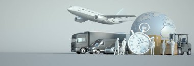 Dünyanın 3 boyutlu tasarımı, ambalajlar ve hava, kara ve denizin kronometre ile taşınması