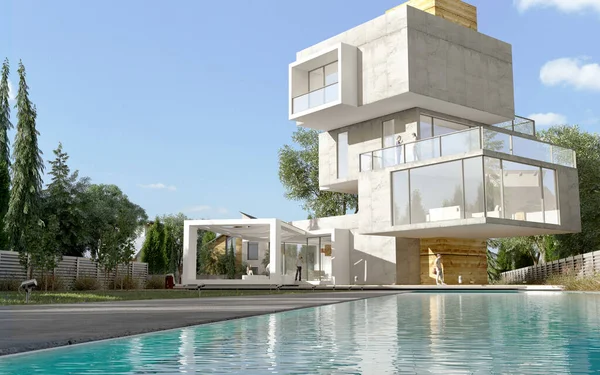 Representación Una Casa Moderna Con Piscina Jardín Construido Diferentes Niveles — Foto de Stock