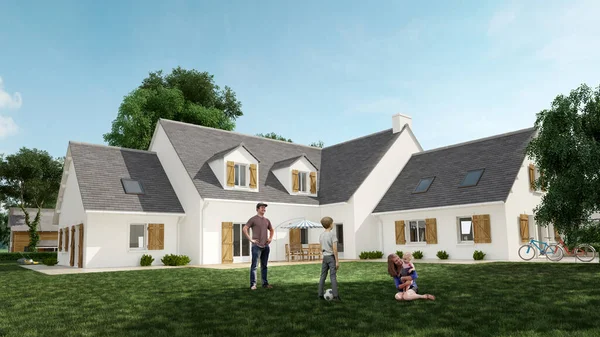 Rendering Von Haus Und Garten Mit Familie Und Kindern — Stockfoto