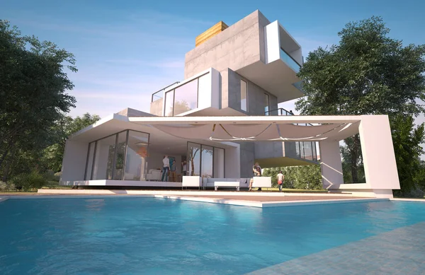 Rendering Van Een Modern Huis Met Zwembad Tuin Gebouwd Verschillende — Stockfoto