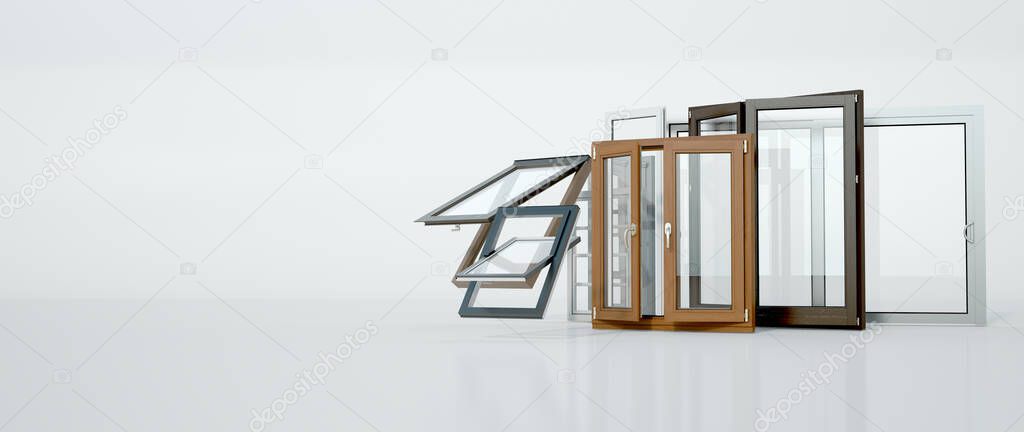 3D rendering of a selection of windows of different types and styles