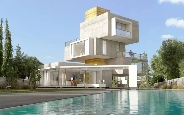 3D rendering of a modern house with pool and garden built in different independent levels