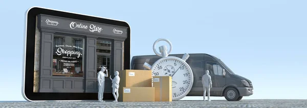 Rendering Tablet Boutique Delivery Men Van Boxes Stopwatch — Stock Photo, Image