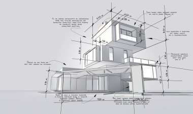 Yapı özellikleri tasarım amaçlı sahte metinde olan modern bir binanın 3B görüntülemesi