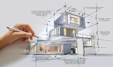 Architecture project showing different design phases, from handmade rough sketch, construction specifications to realistic 3D rendering. The writing is dummy text. clipart