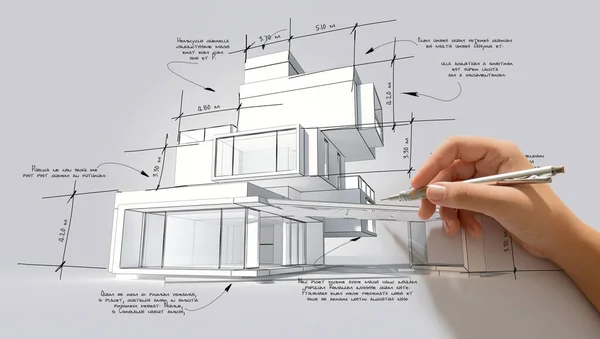 現代の建築プロジェクトに仕様を追加する手の3Dレンダリング それは設計目的のためのダミーテキストです — ストック写真