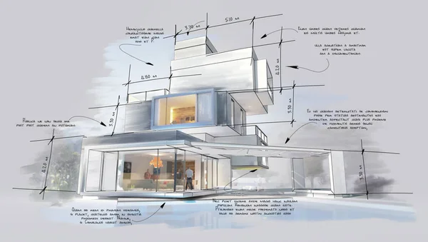 Architecture project showing different design phases, from rough sketch, construction specifications to realistic 3D rendering. The writing is dummy text.