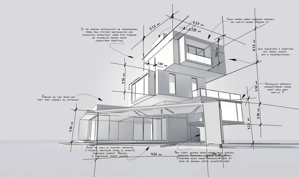 3D rendering of a modern building with construction specifications in dummy text for design purposes