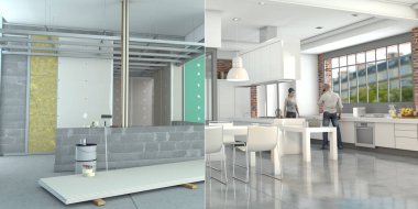 Üç boyutlu bir mutfak tadilatı ve bir çifti olan yeni bir mutfak.