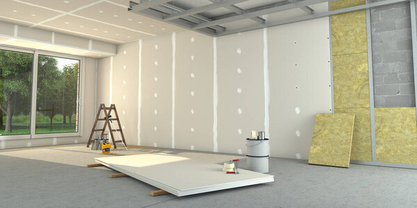 3D rendering of a house interior under renovation works