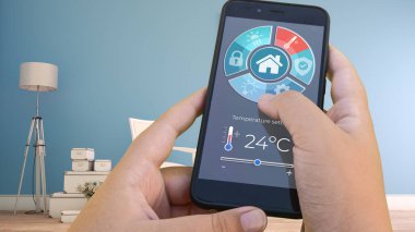 Bir akıllı telefon uygulaması tarafından kontrol edilen modern bir iç mekanın 3D görüntülenmesi