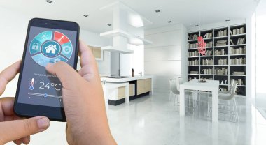 Bir akıllı telefon uygulaması tarafından kontrol edilen modern bir iç mekanın 3D görüntülenmesi