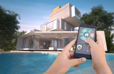 Dışarıdan bir akıllı telefon tarafından kontrol edilen havuzu olan 3 boyutlu modern bir villa.