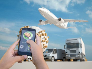 Arka planda uçak, kamyon ve minibüs olan bir akıllı telefon dağıtım uygulamasının 3 boyutlu görüntülenmesi