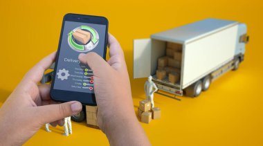 Arkaplanda kamyonlar ve eşyalar olan akıllı telefon dağıtım uygulamasının 3 boyutlu görüntülenmesi