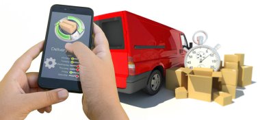 Arkaplanda kamyonlar ve eşyalar olan akıllı telefon dağıtım uygulamasının 3 boyutlu görüntülenmesi