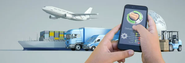 Vykreslování Aplikace Pro Sledování Doručení Smartphonu Letadlem Kamionem Lodí Dodávkou — Stock fotografie