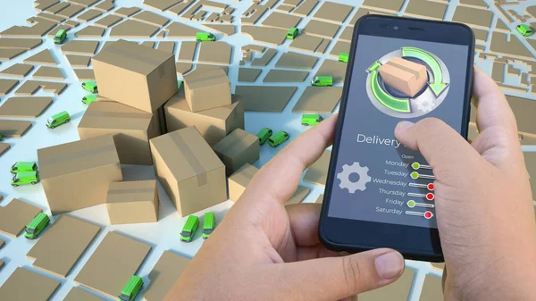 3D rendering of a smartphone app tracking a parcel on a map