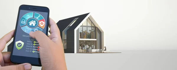 Rendering Una Villa Moderna Controllata Uno Smartphone Dall Esterno — Foto Stock